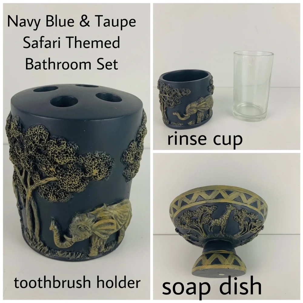 Brand New Navy Blue & Taupe Safari Themed Bathroom Set